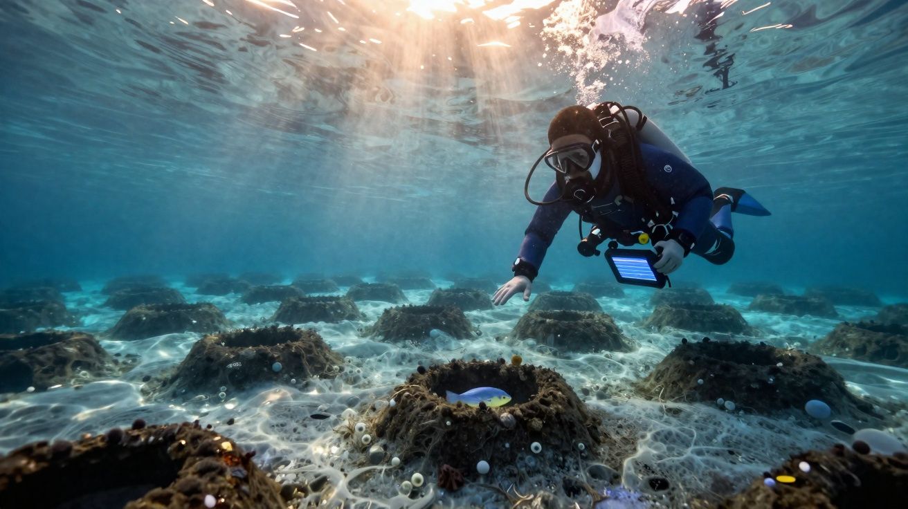 Mergulhador explorando recife artificial submerso com peixes e luz solar filtrada na água.