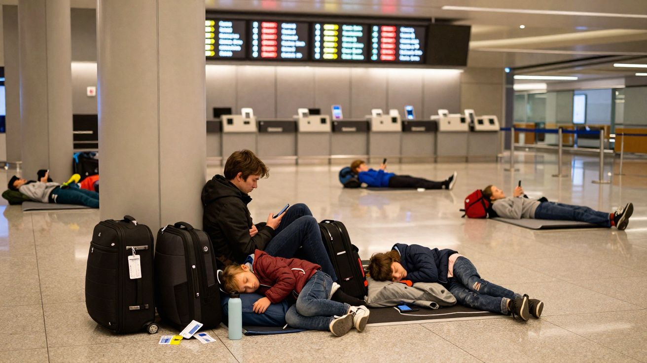 Adulto e crianças descansando no chão de aeroporto com malas e painel de horários ao fundo.