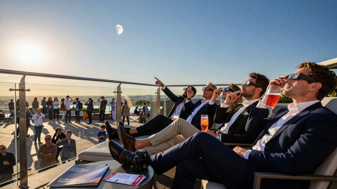 Quatro homens de terno com óculos especiais observam o eclipse solar enquanto bebem em sacada com várias pessoas.