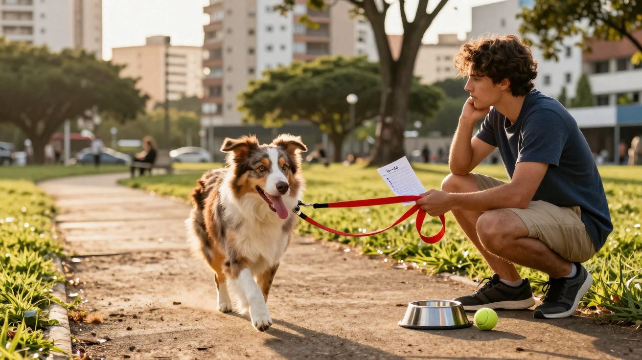 Homem agachado segura a coleira de cachorro feliz em parque com água e bola ao lado.
