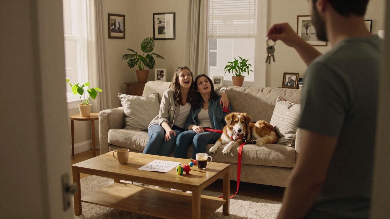 Casal feliz sentado no sofá com cachorro e homem segurando chaves em casa iluminada.