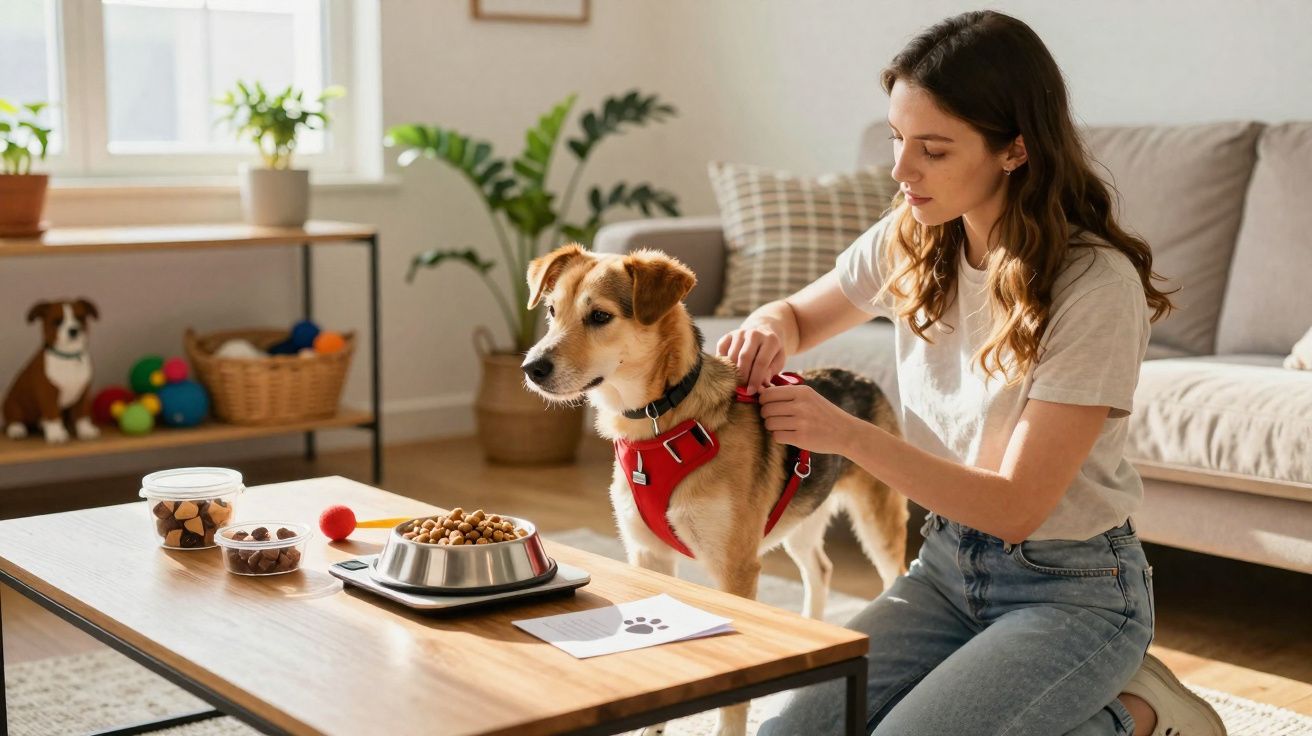 Mulher vestindo coleira vermelha em cachorro ao lado de mesa com comida e brinquedos no apartamento.