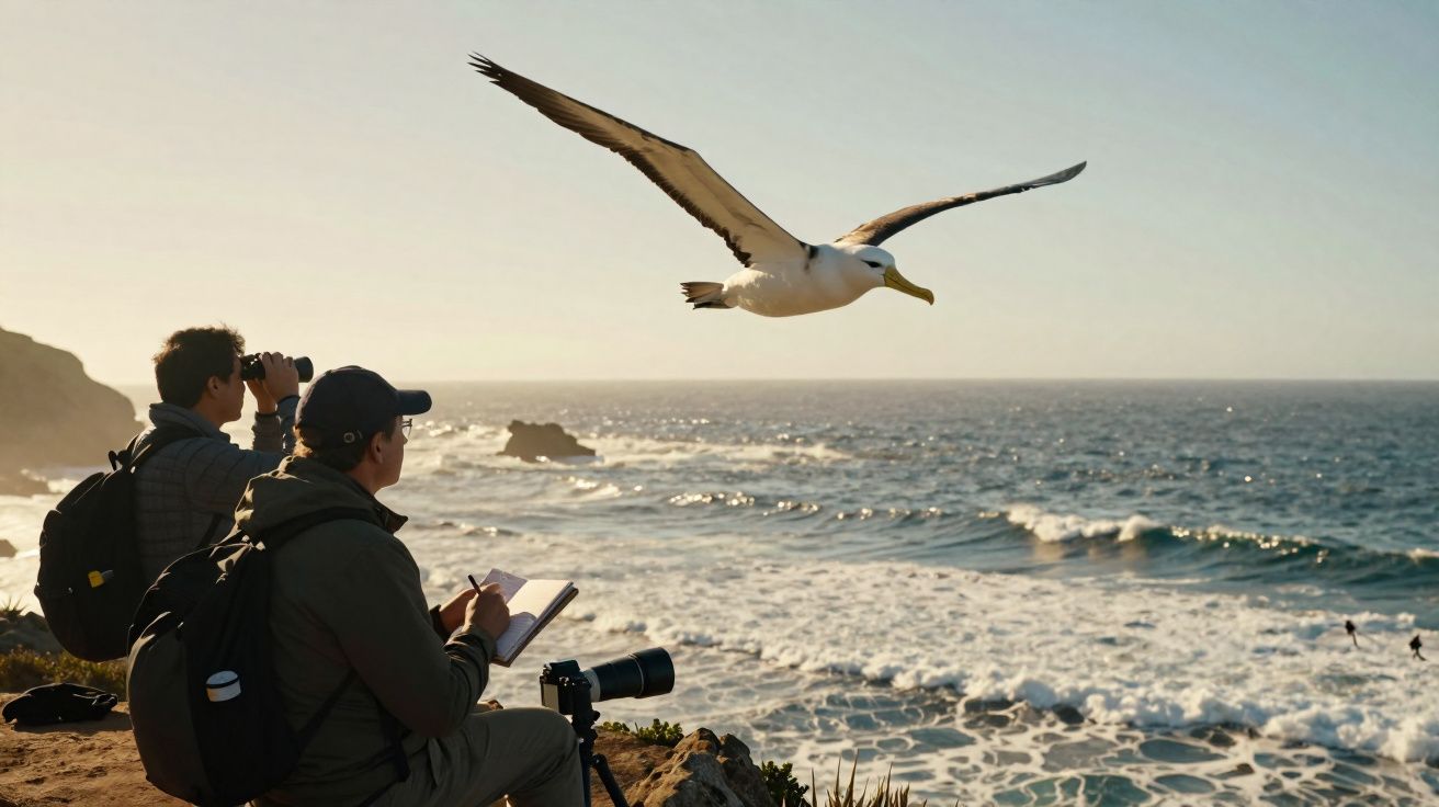 Duas pessoas observando e fotografando um albatroz voando sobre o mar em um penhasco ao entardecer.