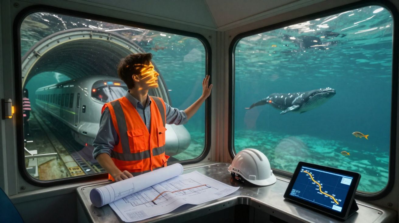 Homem em colete refletor observa baleia e trem submarino a partir de cabine com mapa e capacete.