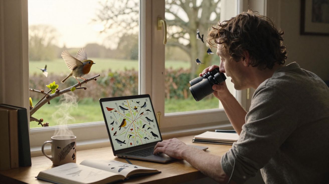 Homem observa pássaros com binóculo e pesquisa aves em laptop perto da janela em ambiente aconchegante.