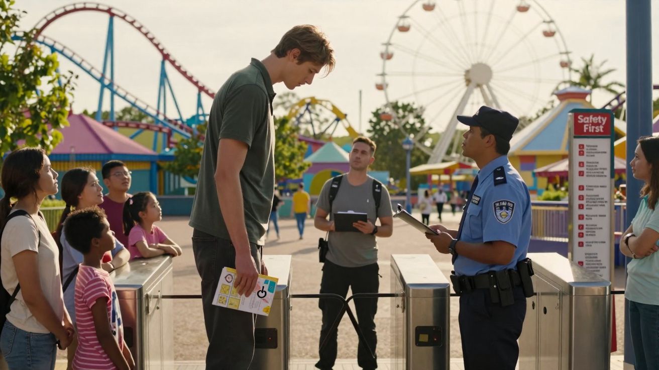 Homem alto conversa com policial em entrada de parque de diversões, com pessoas e brinquedos ao fundo.