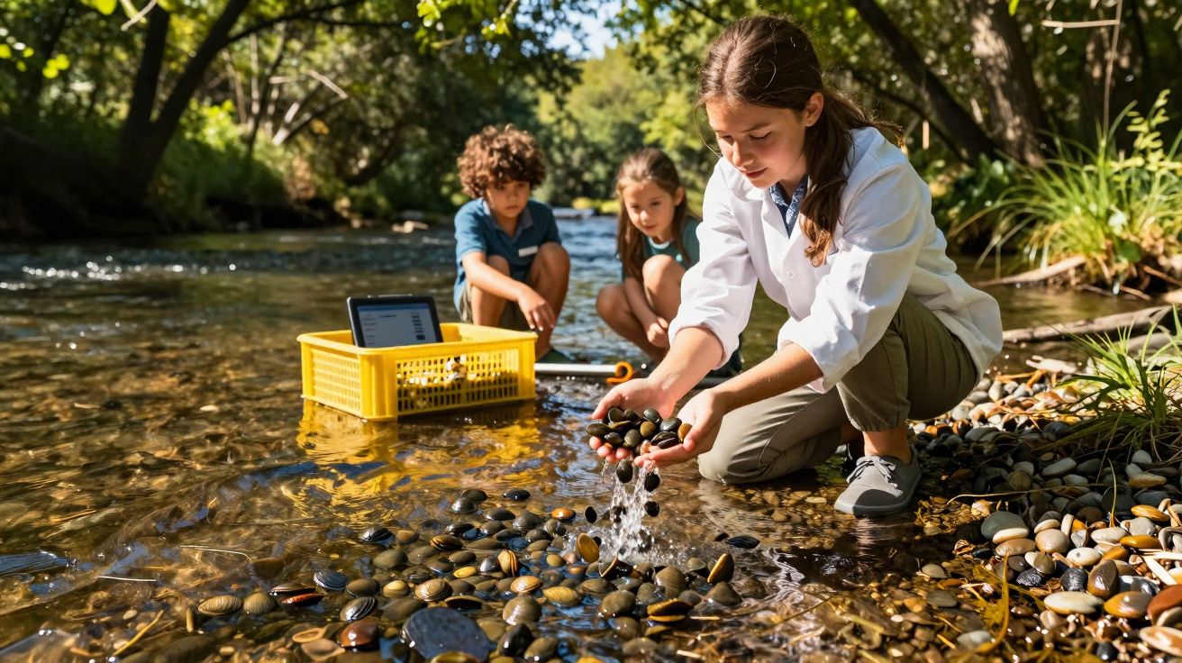 Criança segurando pedras no rio enquanto outras observam, com cesta amarela e tablet na água.