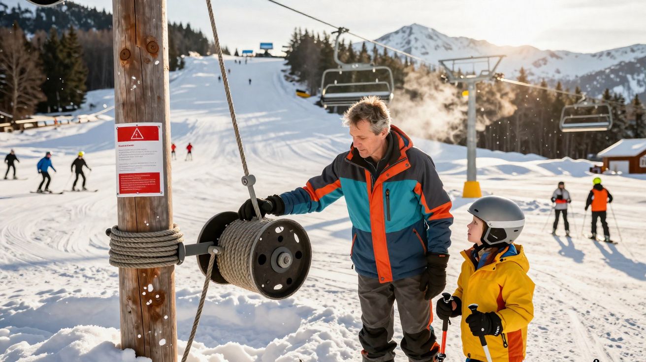 Homem e criança com roupas de neve ajustam elevador de esqui em estação de esqui com montanhas ao fundo.