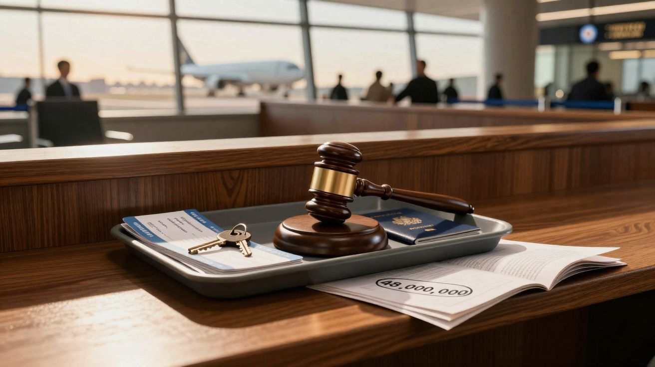 Martelo de juiz, passaporte, chave e documentos em bandeja sobre balcão de aeroporto.