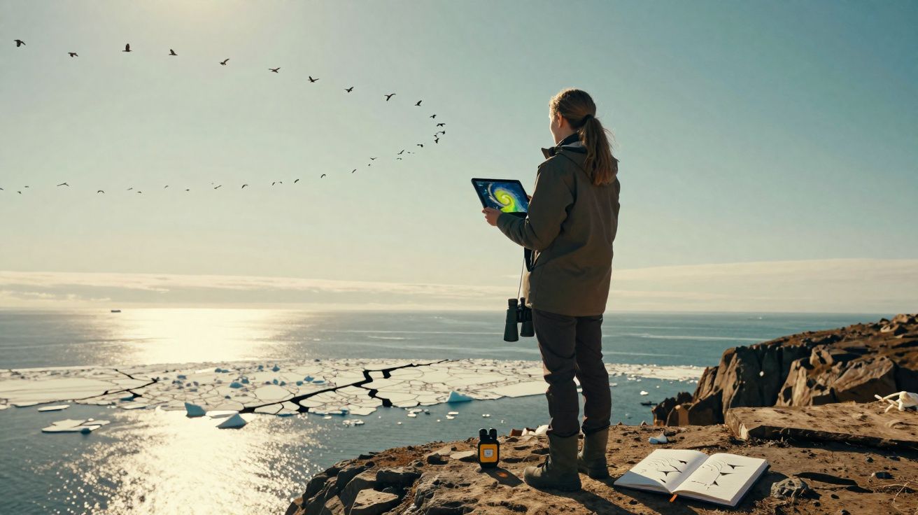 Pessoa segurando tablet em penhasco olhando para aves voando sobre oceano com icebergs e céu claro.