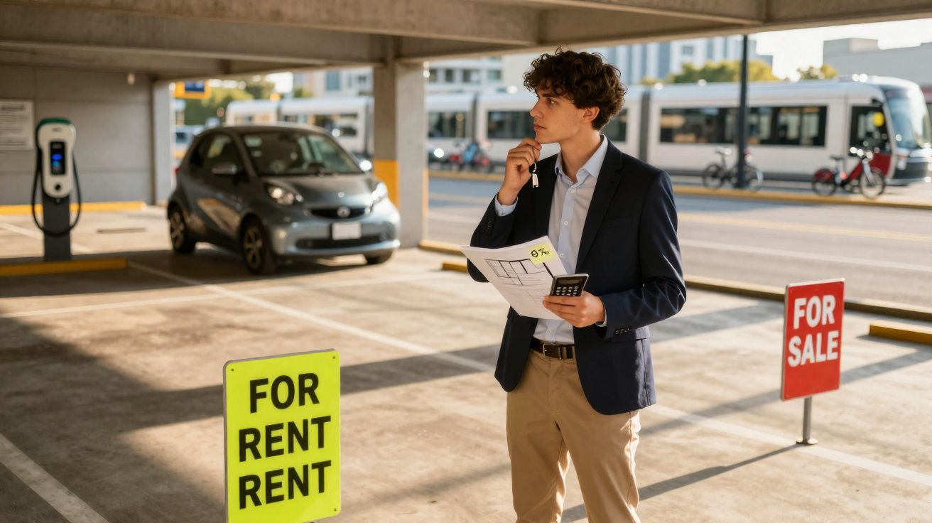 Homem de negócios pensando com documentos e calculadora em estacionamento com placas de venda e aluguel.