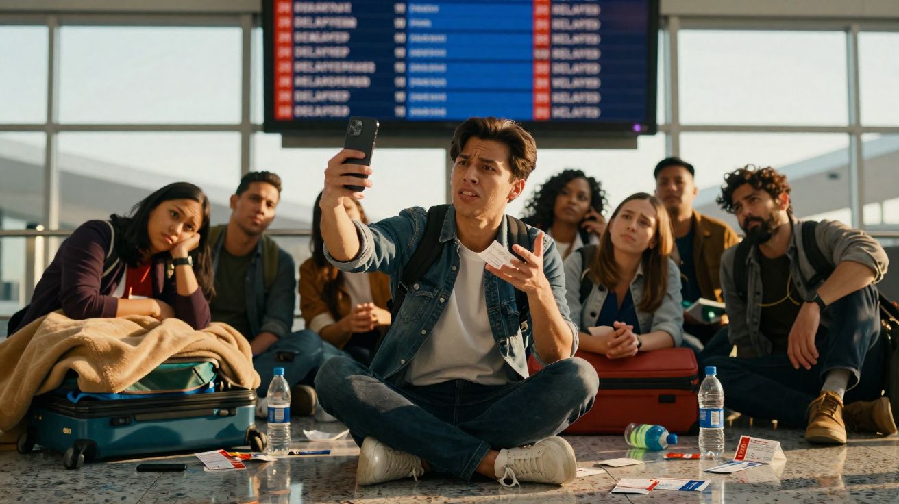Grupo de jovens sentados no chão de um aeroporto, aguardando voos com malas e bilhetes espalhados.