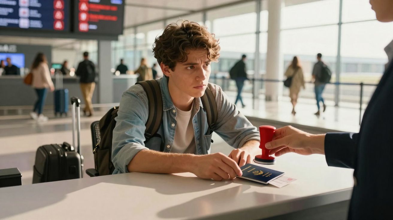 Jovem com mochila recebe carimbo no passaporte em balcão de aeroporto com bagagem ao lado.