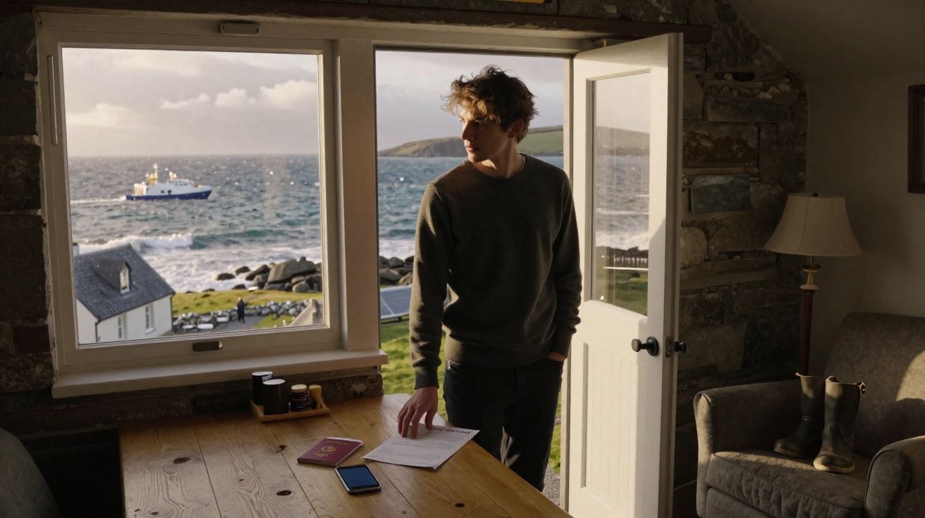 Homem com suéter olhando para o mar a partir da porta aberta de uma casa rústica com mesa de madeira.
