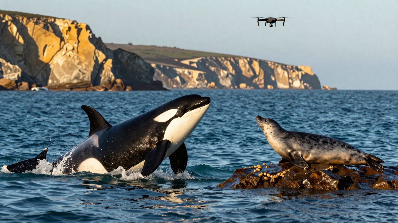 Orca emergindo do mar perto de uma foca em rocha com drone voando acima em litoral rochoso.