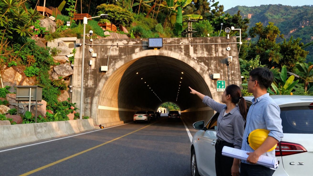 Duas pessoas observam e apontam para a entrada de um túnel rodoviário cercado por vegetação e montanhas.