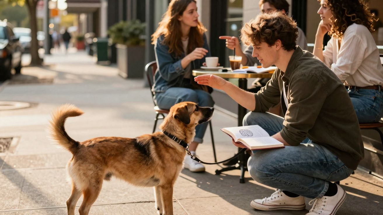 Jovem agachado alimentando um cachorro na calçada, enquanto três pessoas conversam em mesa ao fundo.