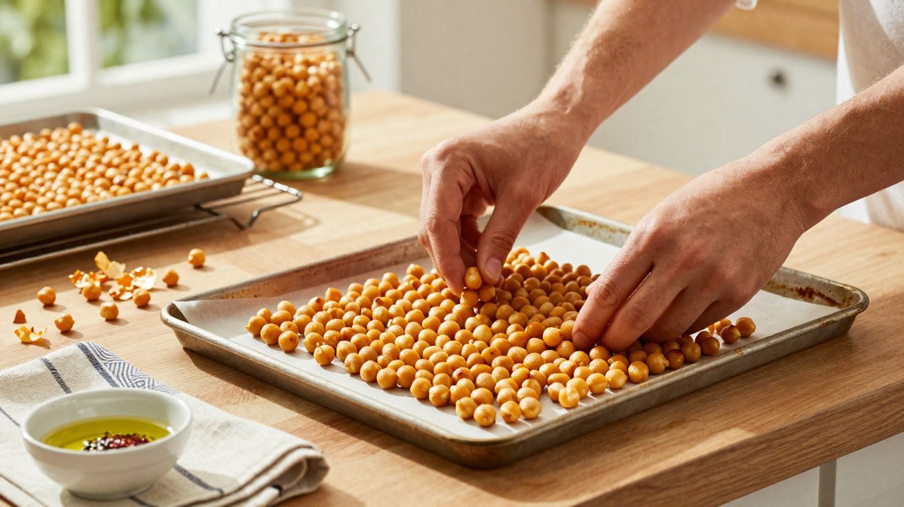Mãos espalhando grão-de-bico em assadeira sobre bancada de madeira em cozinha clara.