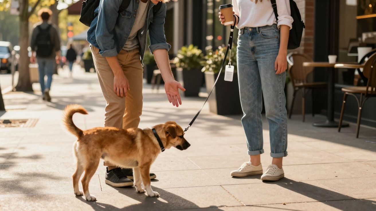 Homem fazendo carinho em cachorro enquanto mulher segura coleira e café em calçada urbana.