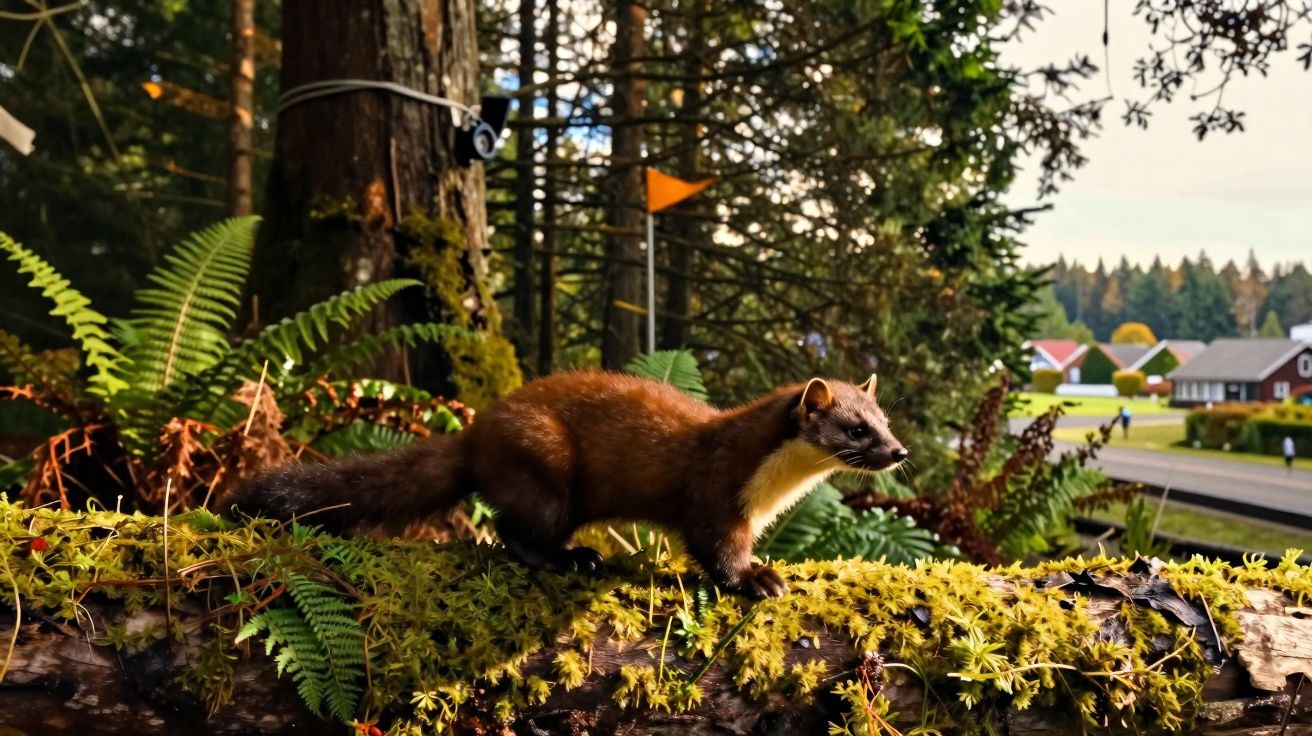 Animal marrom na base de uma árvore coberta de musgo em floresta próxima a casas rústicas.
