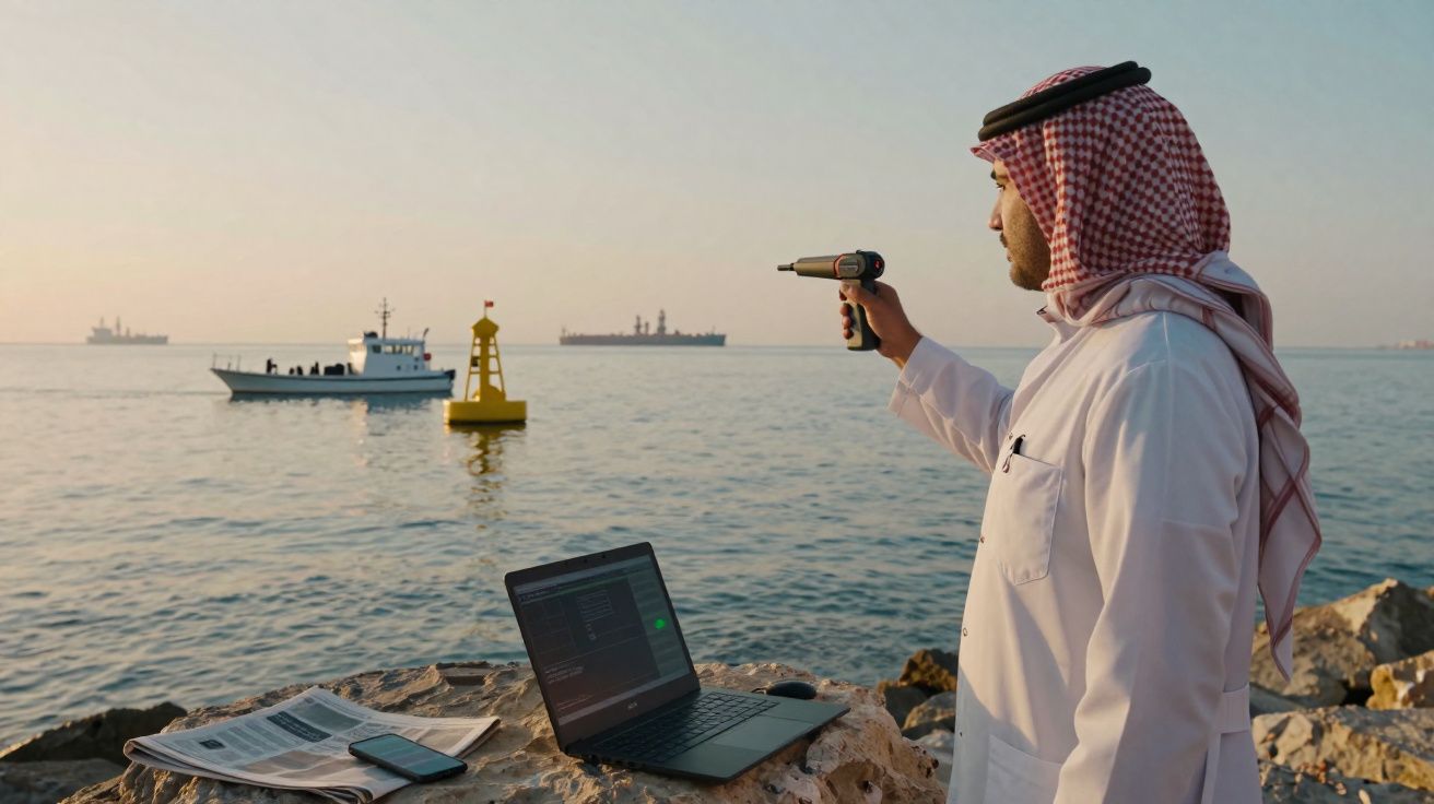 Homem árabe com traje tradicional usa ferramenta à beira-mar, com laptop, jornal e barcos ao fundo.