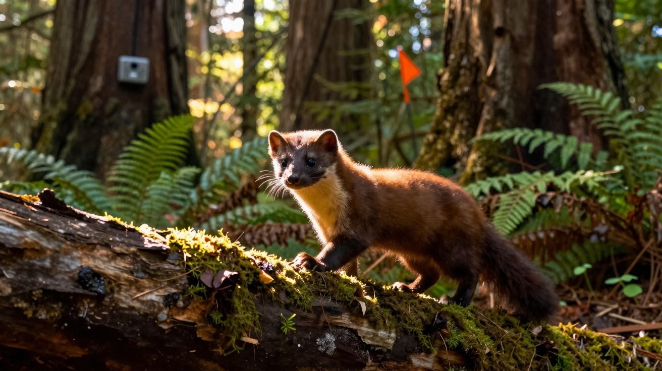 Marta-asiática marrom sobre tronco coberto de musgo em floresta iluminada pelo sol.