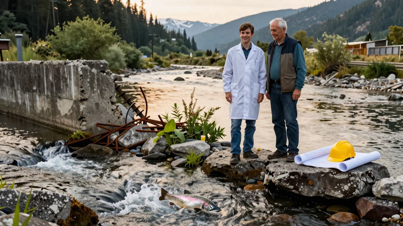 Dois homens observando um rio com peixes, ao lado de plantas e equipamentos de engenharia.