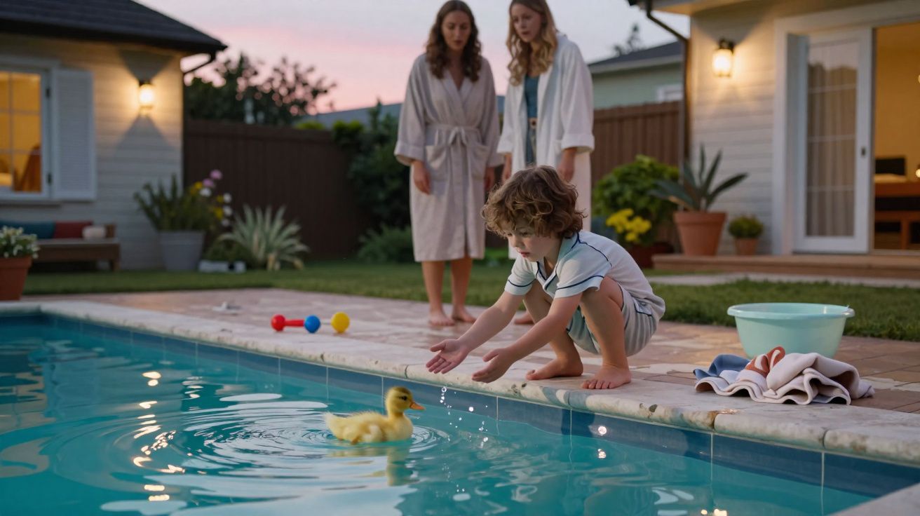 Criança brincando com patinho na piscina enquanto duas mulheres observam ao fundo ao entardecer.