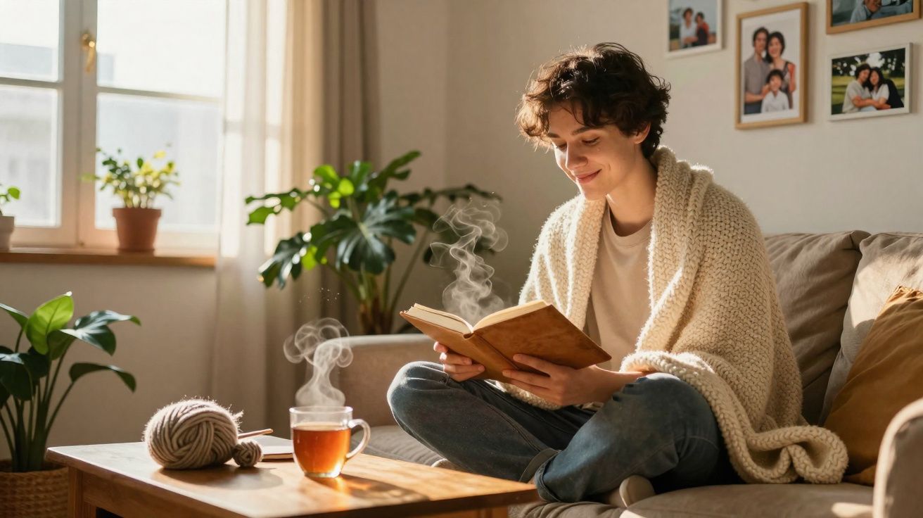 Jovem sentado no sofá lendo livro, coberto com manta, com xícara de chá quente na mesa à frente.