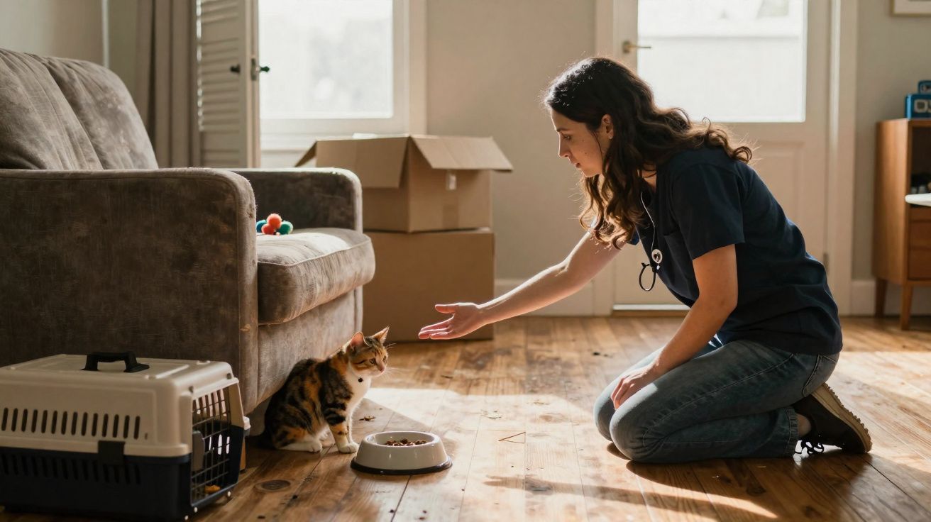 Mulher ajoelhada oferecendo comida para gato em sala iluminada com caixa de transporte ao lado.