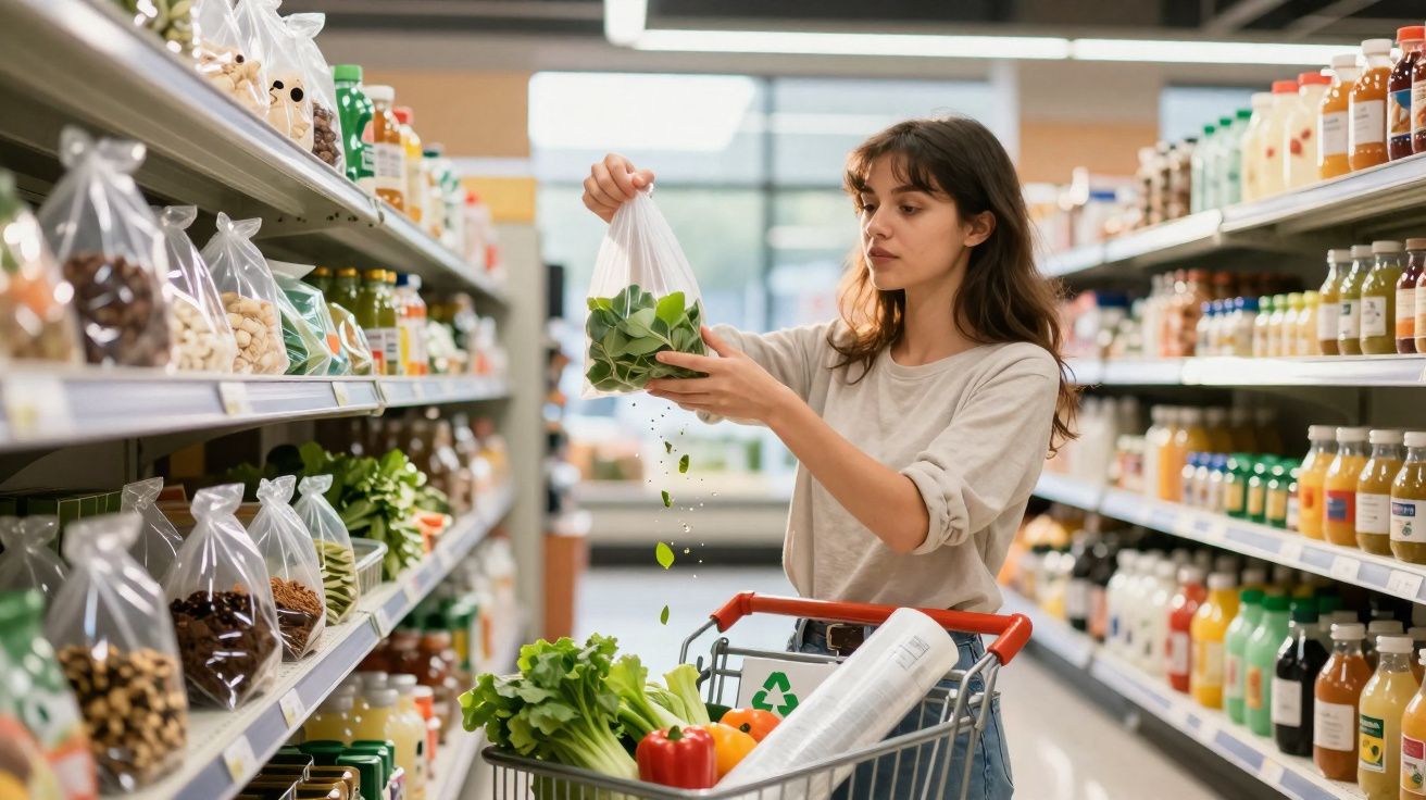 Mulher colocando folhas verdes em saco reutilizável em supermercado, carrinho com legumes e sucos ao redor.
