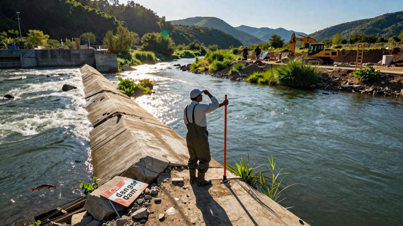 Homem com uniforme de segurança observa rio perto de construção, em área com colinas ao fundo.