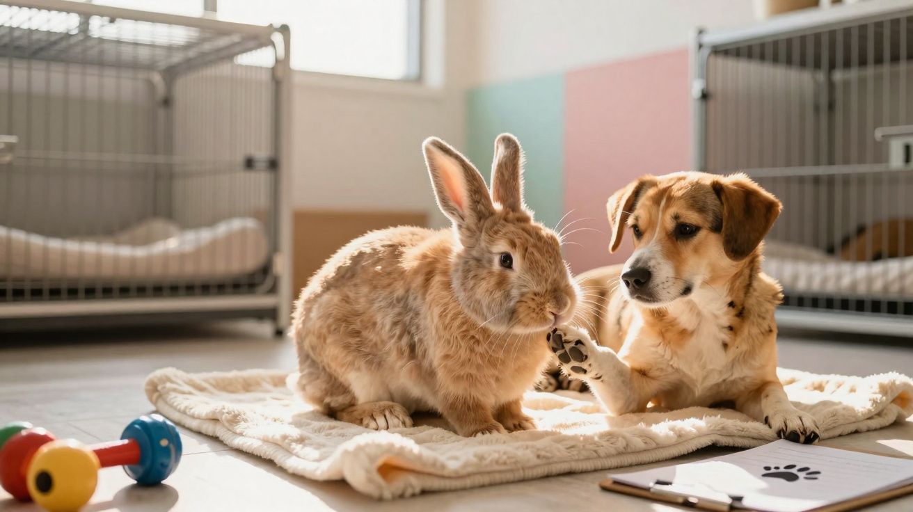 Coelho e cachorro interagindo sobre um cobertor em ambiente interno com brinquedos e gaiolas ao fundo.