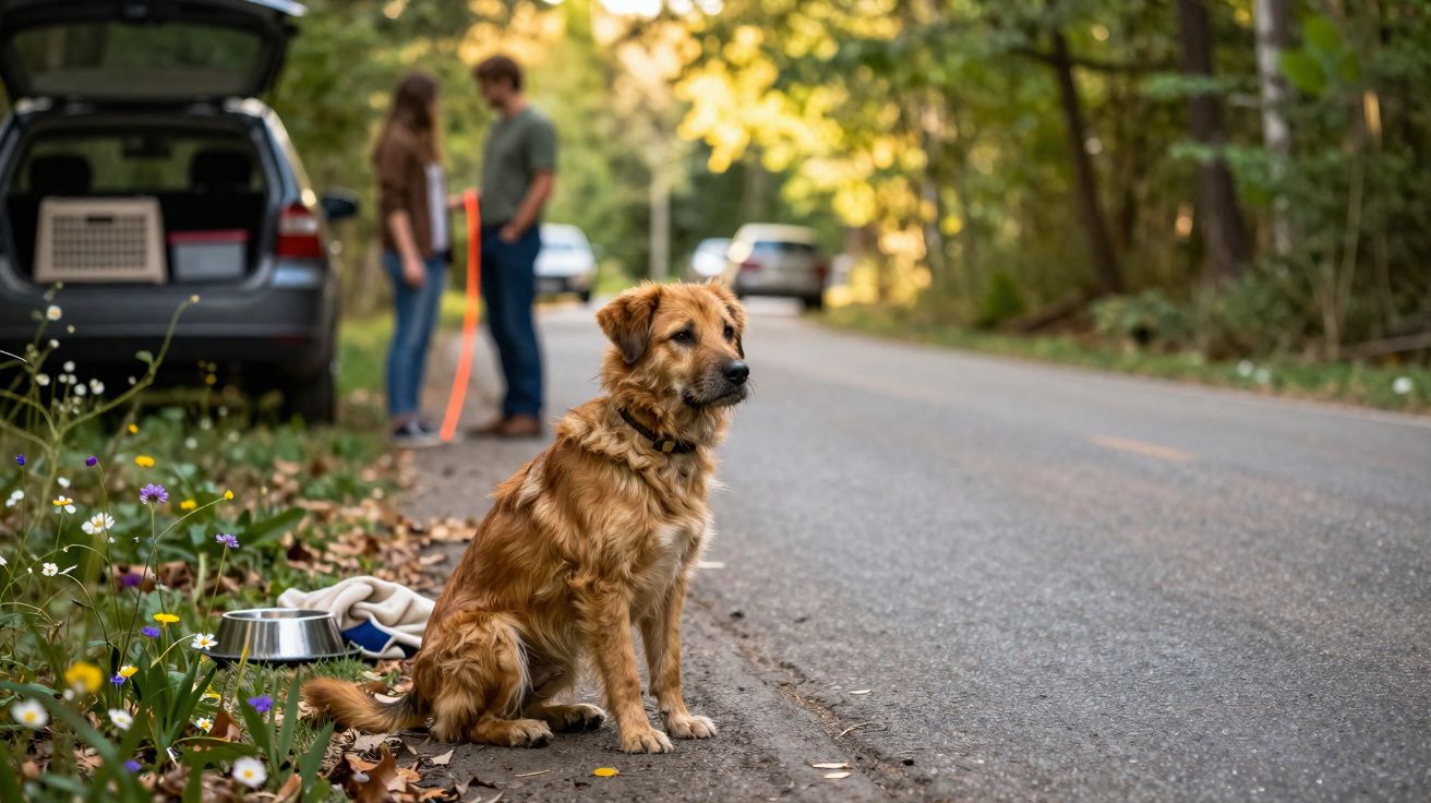 Cachorro sentado na beira da estrada com casal e carro ao fundo em área arborizada.