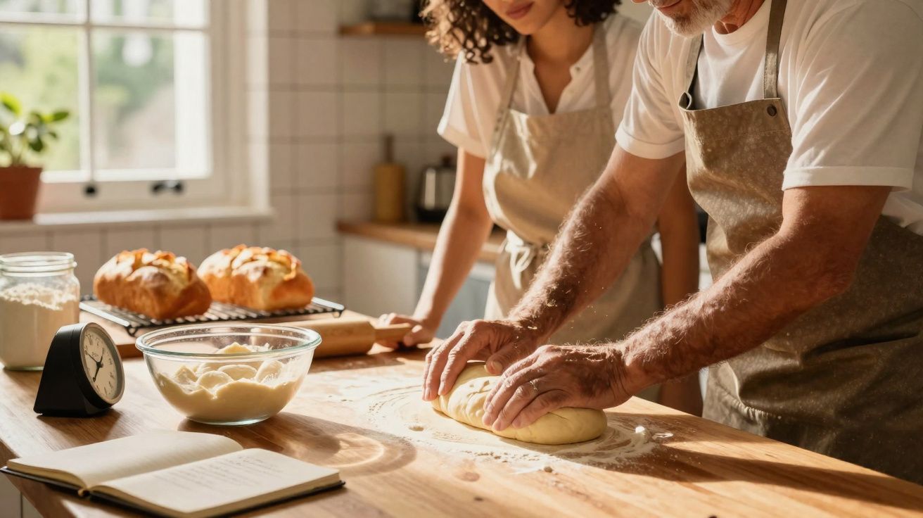 Casal preparando massa de pão em bancada de madeira com utensílios e pães frescos ao fundo na cozinha.