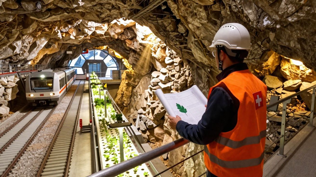 Engenheiro com capacete e colete laranja observa plantações ao lado de trilhos em túnel ferroviário rochoso.