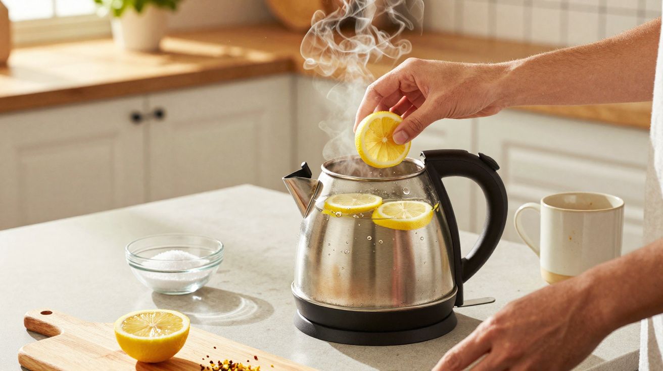 Pessoa colocando fatia de limão em chaleira elétrica com vapor, em cozinha clara e moderna.