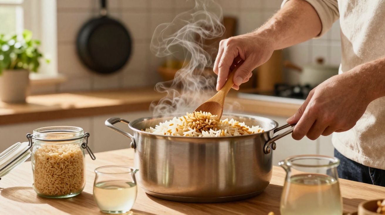 Pessoa mexendo arroz com pinhole em panela com vapor em cozinha iluminada por luz natural.