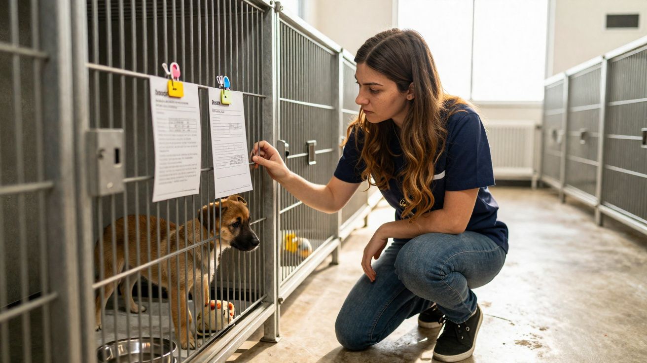 Mulher agachada acariciando cachorro pequeno dentro de canil em abrigo de animais.