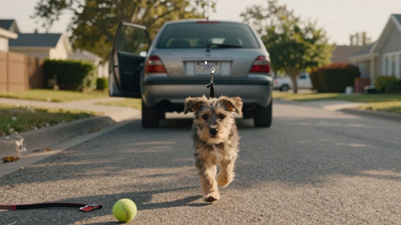 Cachorro pequeno com coleira caminhando na rua, com carro estacionado e porta aberta ao fundo.