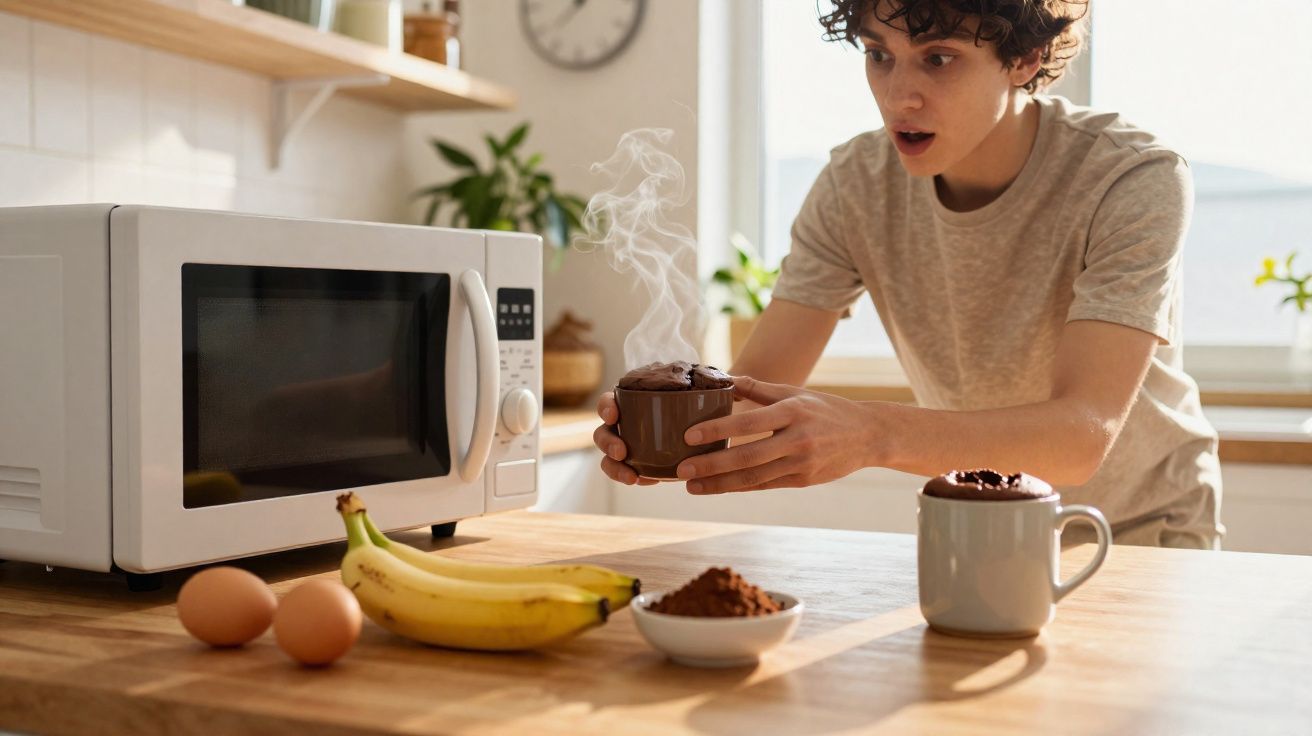 Jovem segurando caneca fumegante em cozinha com micro-ondas, bananas, ovos e cacau em pó na bancada.
