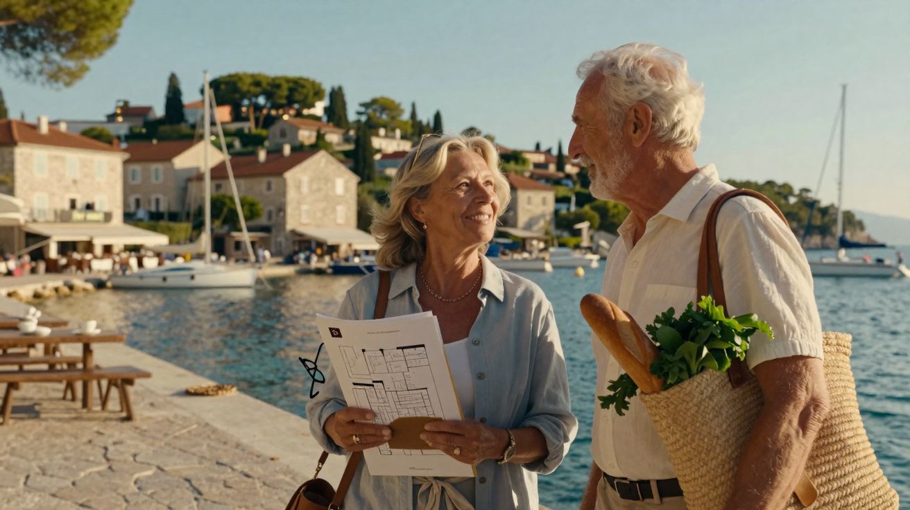 Casal idoso sorrindo, segurando plantas e papéis, com barcos e casas ao fundo à beira-mar.