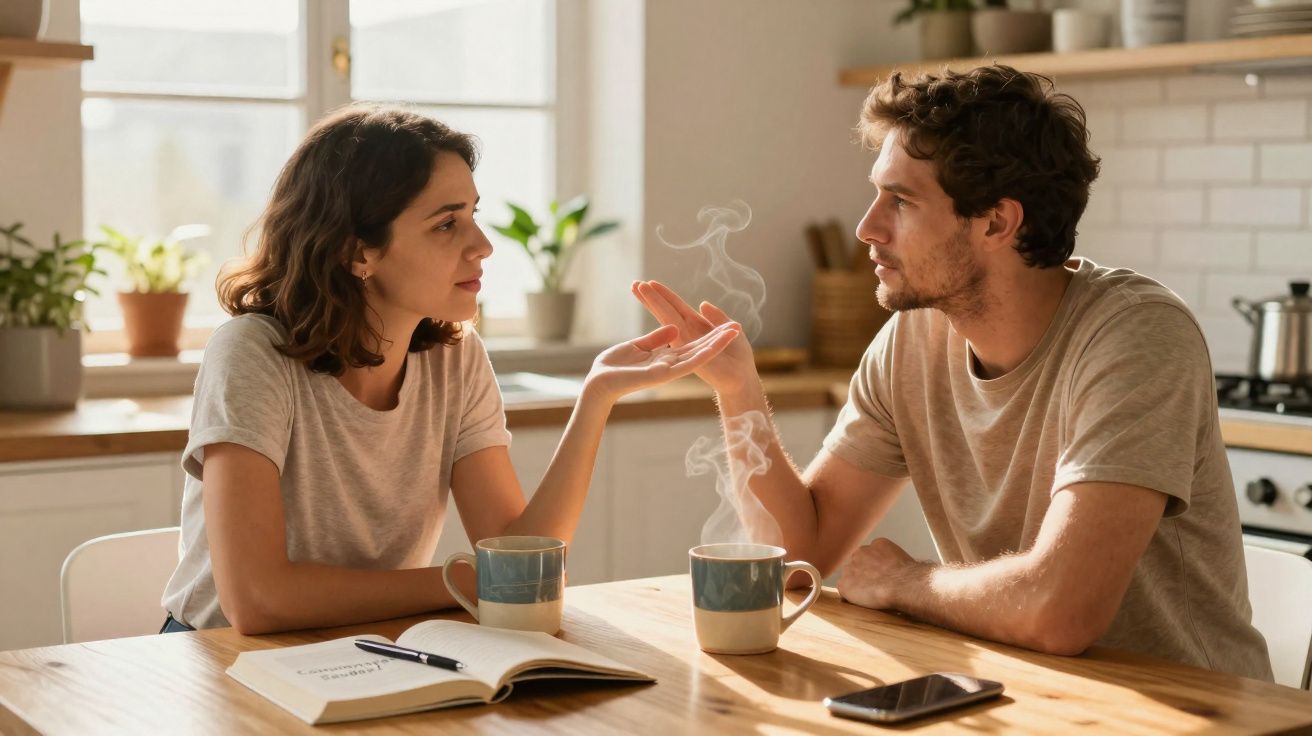 Casal sentado à mesa na cozinha conversando, com café quente e livro aberto.