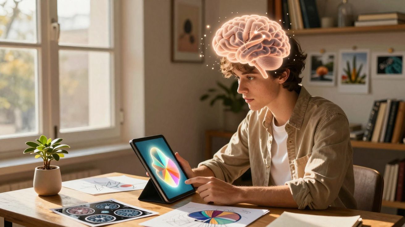 Jovem analisando gráficos coloridos em tablet com cérebro iluminado representando pensamento intenso.