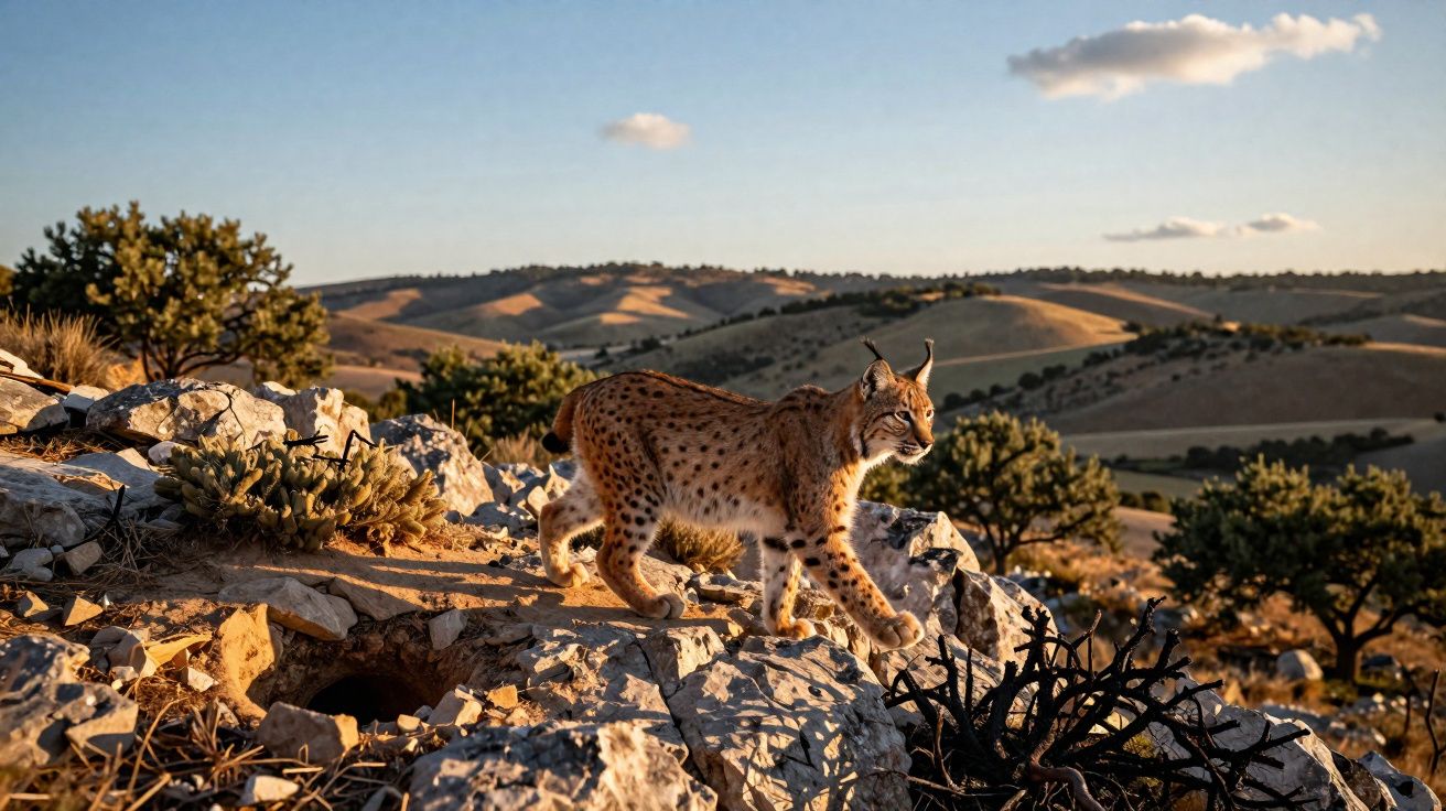 Lince caminhando sobre pedras em área montanhosa com vegetação rasteira ao pôr do sol.