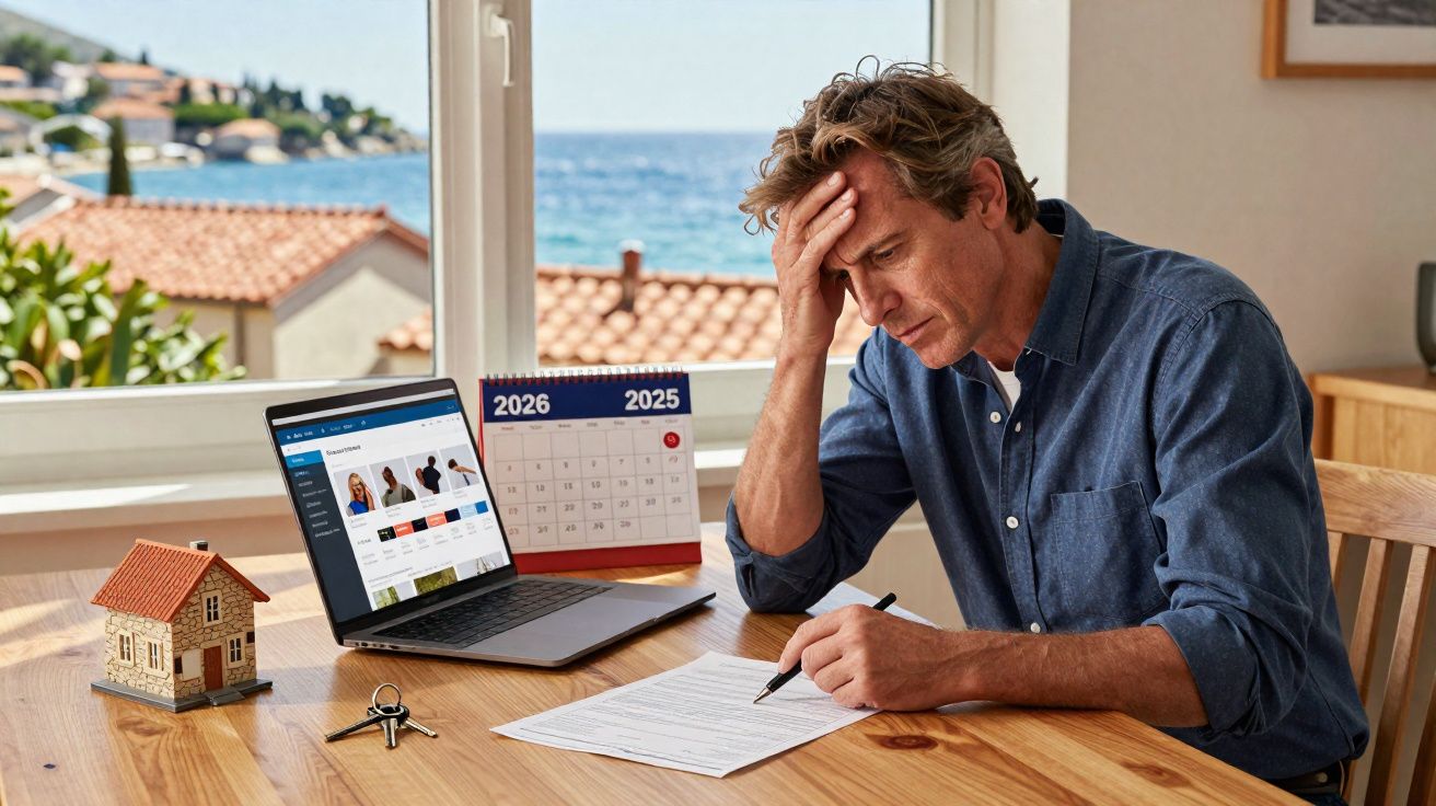 Homem preocupado assina documentos com chave e miniatura de casa na mesa, laptop aberto e calendário ao fundo.