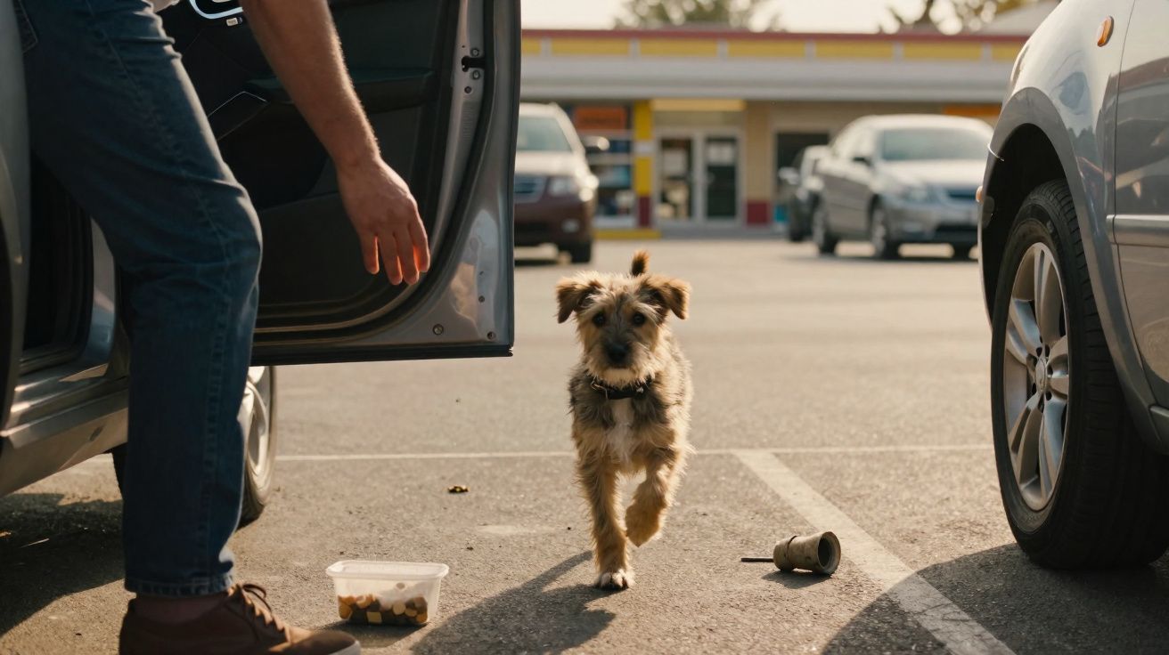 Cachorro andando em estacionamento perto de carro com porta aberta e recipiente de comida no chão.