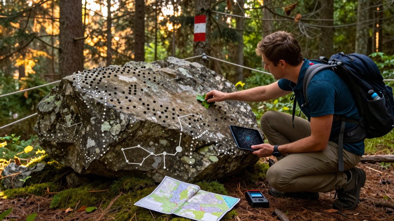 Homem segura tablet e limpa pedra com constelações desenhadas na floresta, com mapa e rádio ao chão.