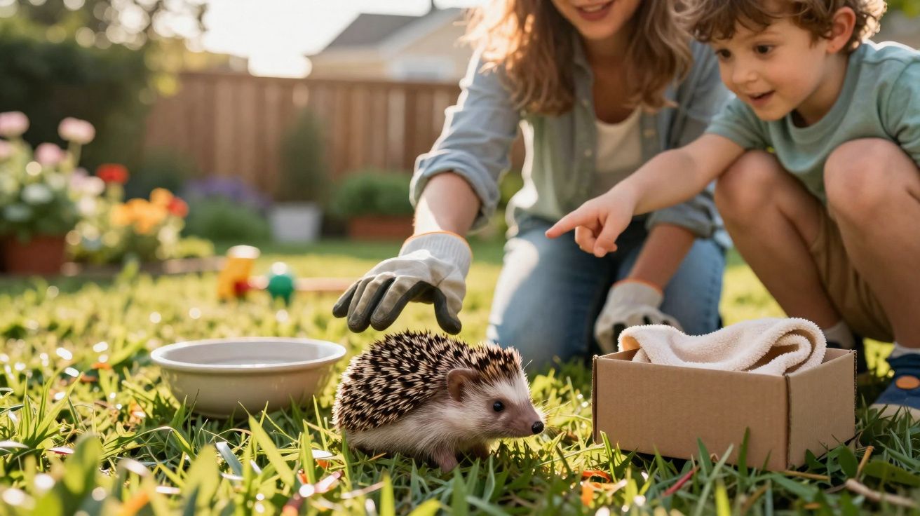 Criança e mulher observam um ouriço-cacheiro no jardim com luvas e caixa de papelão ao lado.