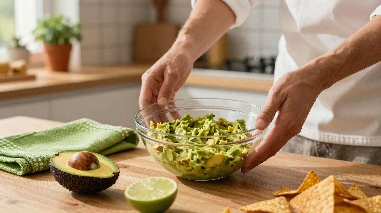 Pessoa segurando tigela de vidro com guacamole, abacate cortado, limão e nachos sobre bancada de cozinha.